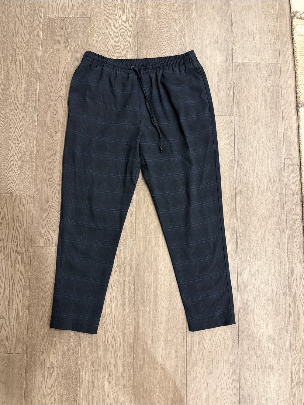 Zara Men's Dark Navy Plaid Drawstring Trousers